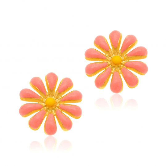 Boucles d'oreilles en or jaune et laque, fleur