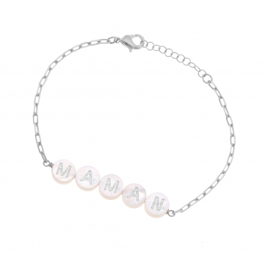 Bracelet en argent rhodié, nacre et laque, Maman