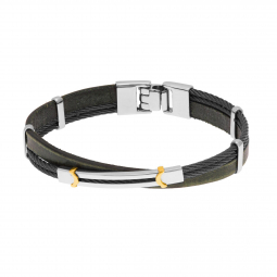 Bracelet en or jaune, câble acier et cuir vieilli