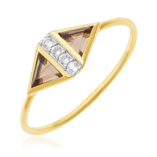 Bague en or jaune et rhodié, oxydes de zirconium et quartz fumés