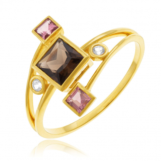 Bague en or jaune, quartz, tourmalines et topazes