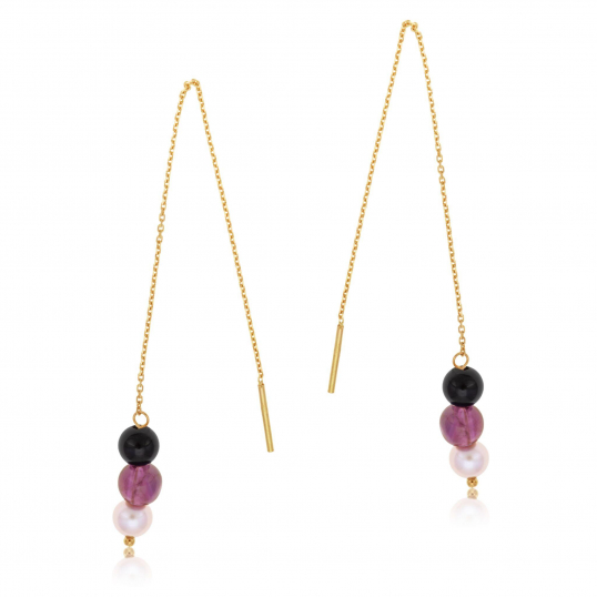 Boucles d'oreilles en or jaune, onyx, améthyste et perle de culture