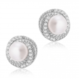 Boucles d'oreilles en argent rhodié, oxydes de zirconium et perle synthétique Boucles d'oreilles en argent rhodié, oxydes de zirconium et perle synthétique