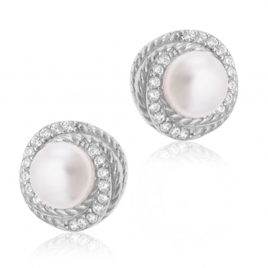 Boucles d'oreilles en argent rhodié, oxydes de zirconium et perle synthétique