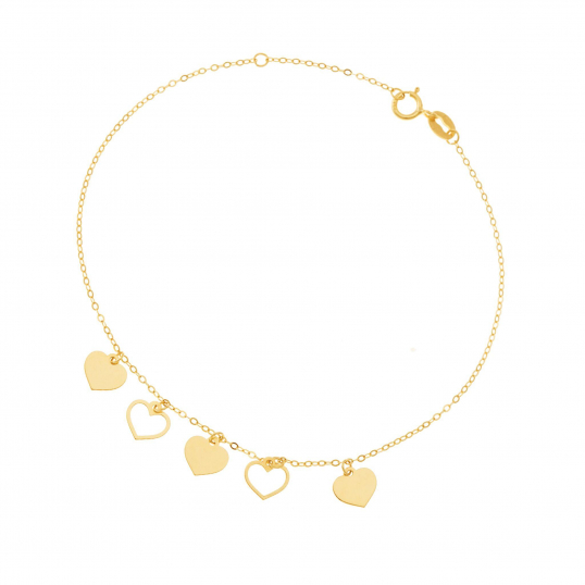 Bracelet en or jaune, pampilles coeurs