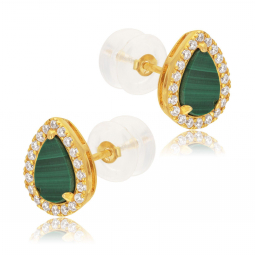 Boucles d'oreilles en or jaune, malachite et oxydes de zirconium