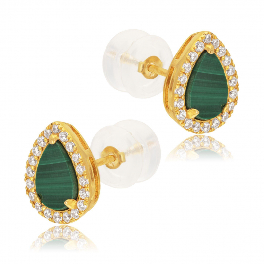 Boucles d'oreilles en or jaune, malachite et oxydes de zirconium
