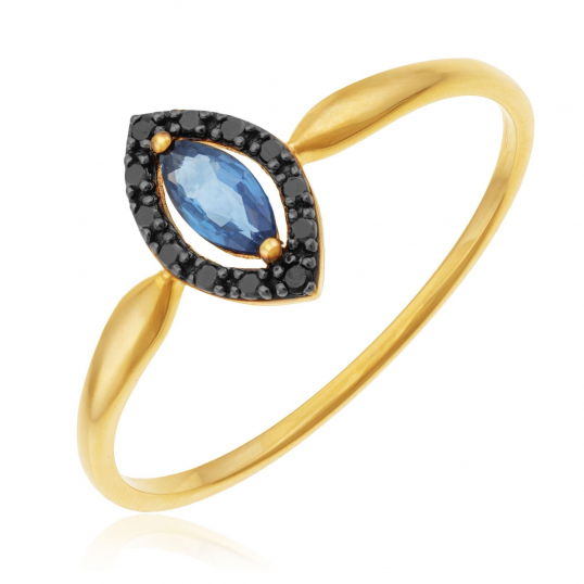 Bague en or jaune, saphir bleu et spinelles 