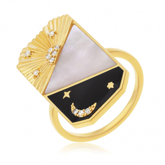 Bague en plaqué or, oxydes de zirconium, nacre et laque
