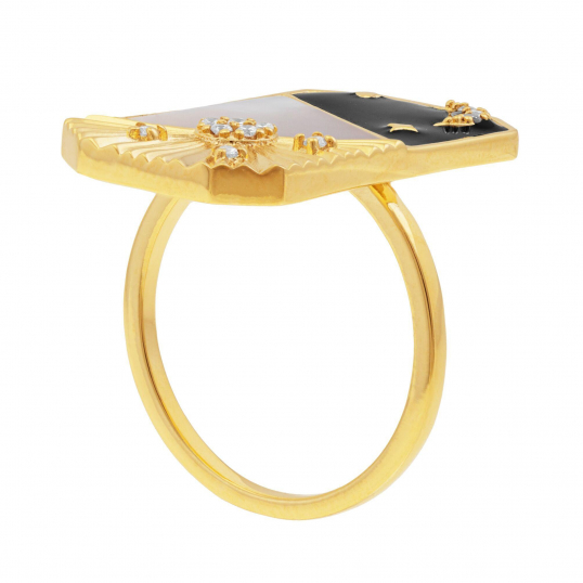 Bague en plaqué or, oxydes de zirconium, nacre et laque