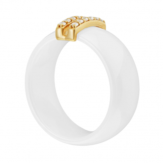 Bague en plaqué or, oxydes de zirconium et céramique blanche