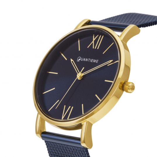 Montre femme, boîte acier doré, bracelet acier bleu et verre minéral