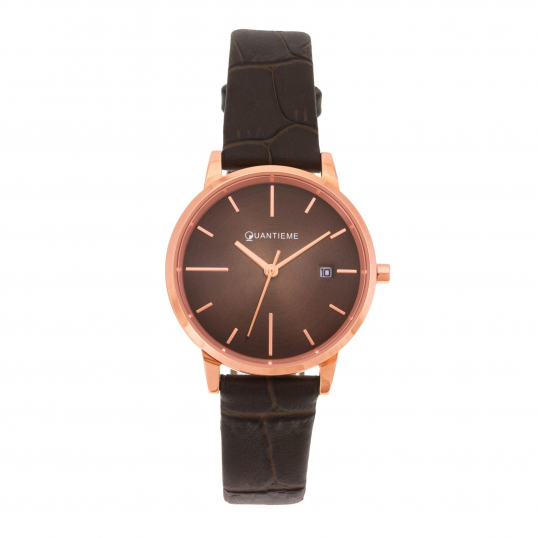 Montre femme, boite en acier doré rose, bracelet en cuir, verre minéral