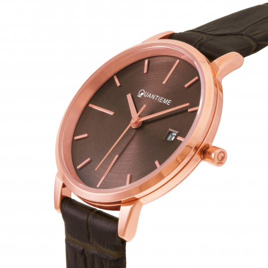 Montre femme, boite en acier doré rose, bracelet en cuir, verre minéral
