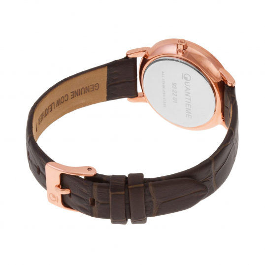 Montre femme, boite en acier doré rose, bracelet en cuir, verre minéral
