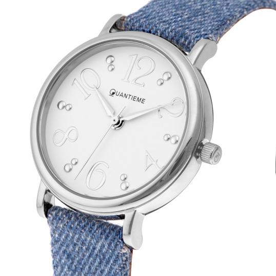 Montre femme, boite en acier, bracelet en cuir et denim, verre minéral