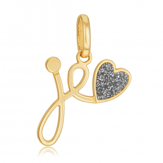 Pendentif en or jaune et laque pailletée, " je t'aime "