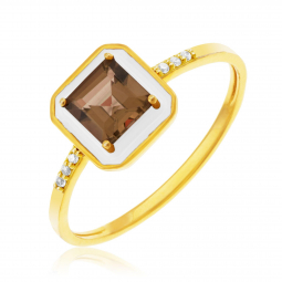 Bague en or jaune, laque, quartz fumé et diamants