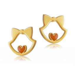 Boucles d'oreilles en or jaune et laque, chat 