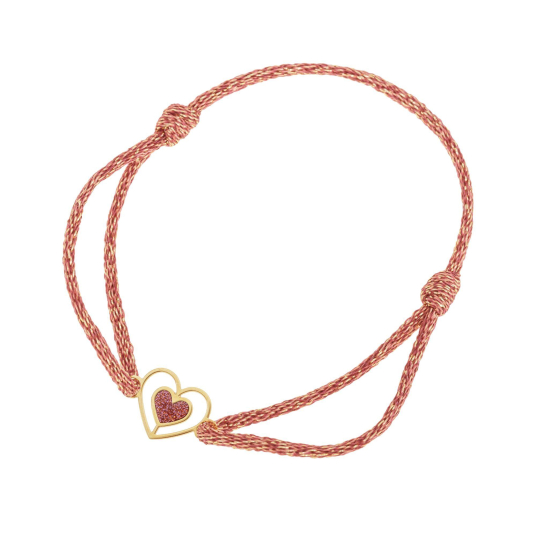 Bracelet en or jaune, cordon et laque pailletée , coeur
