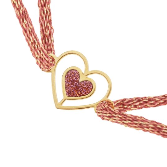Bracelet en or jaune, cordon et laque pailletée , coeur