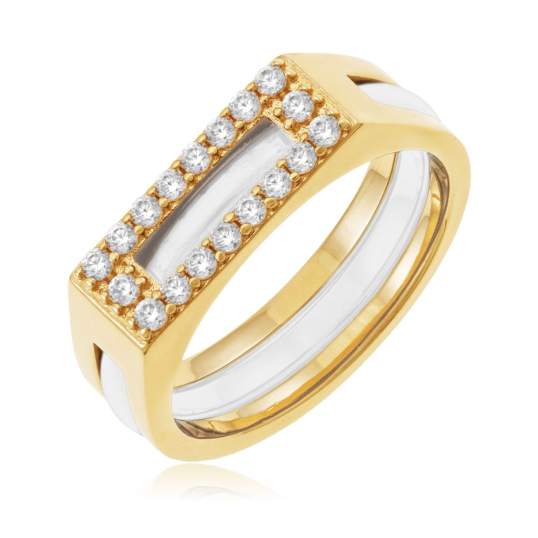 Bague en plaqué or, céramique blanche et oxydes de zirconium