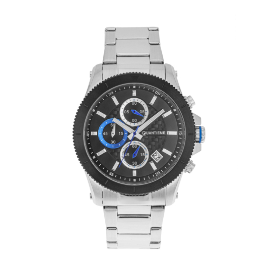 Chronographe homme, boîte et bracelet en acier, cadran noir et verre minéral