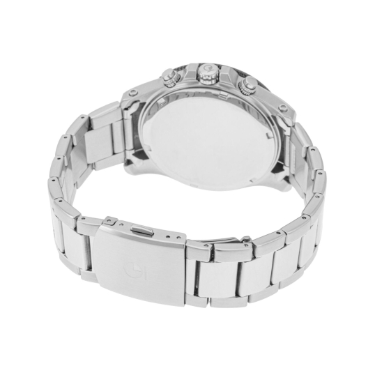 Chronographe homme, boîte et bracelet en acier, cadran noir et verre minéral