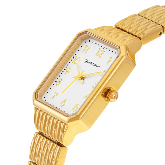 Montre femme, boite et bracelet en acier doré, verre minéral
