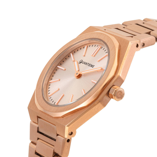 Montre femme, boîte et bracelet en acier rose, verre minéral