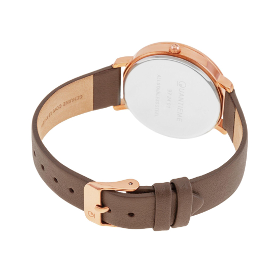 Montre femme, boîte en acier rose, bracelet en cuir marron et verre minéral