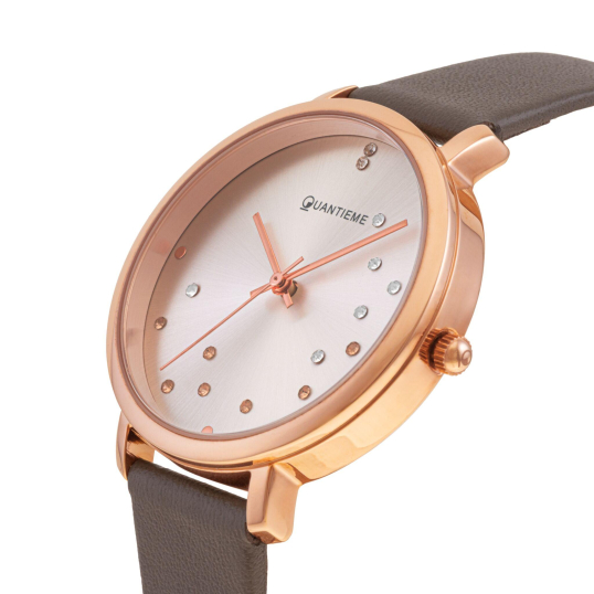 Montre femme, boîte en acier rose, bracelet en cuir marron et verre minéral