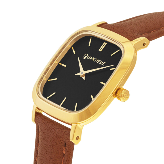 Montre femme, boite acier doré, bracelet cuir et verre minéral