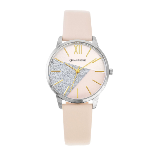 Montre femme, boîte acier, bracelet cuir doré et verre minéral