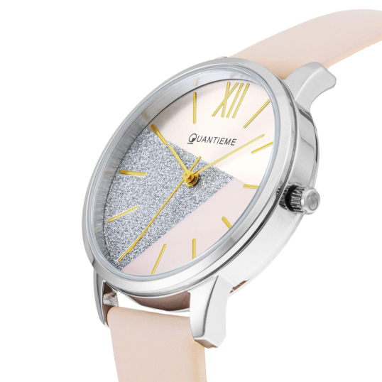 Montre femme, boîte acier, bracelet cuir doré et verre minéral