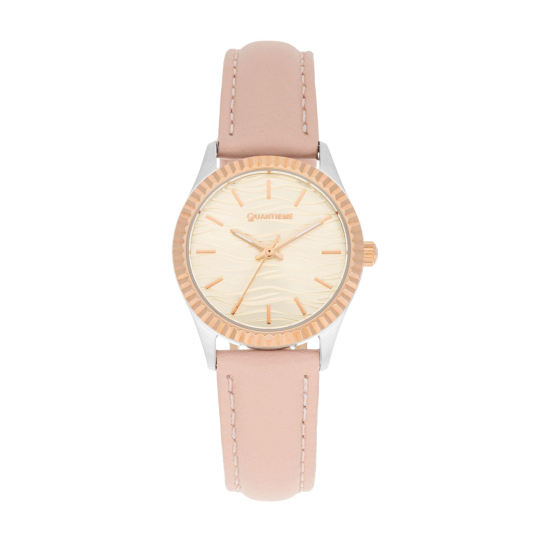 Montre femme, boite en acier gris et rose, bracelet en cuir rose, verre minéral