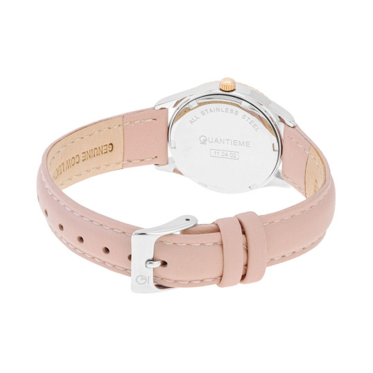 Montre femme, boite en acier gris et rose, bracelet en cuir rose, verre minéral