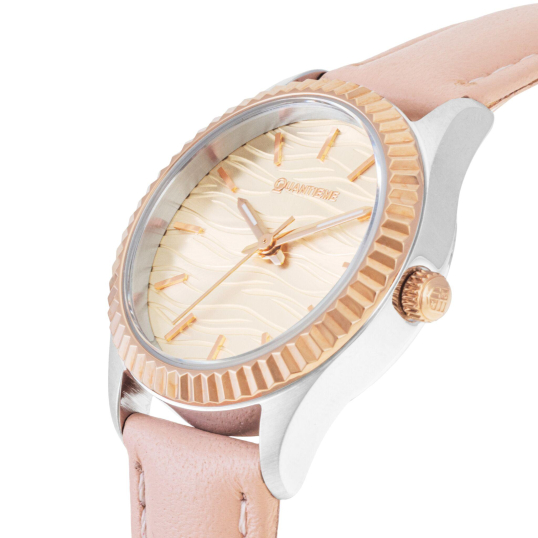 Montre femme, boite en acier gris et rose, bracelet en cuir rose, verre minéral
