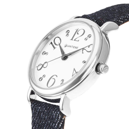 Montre femme, boite en acier, bracelet en cuir et denim foncé, verre minéral