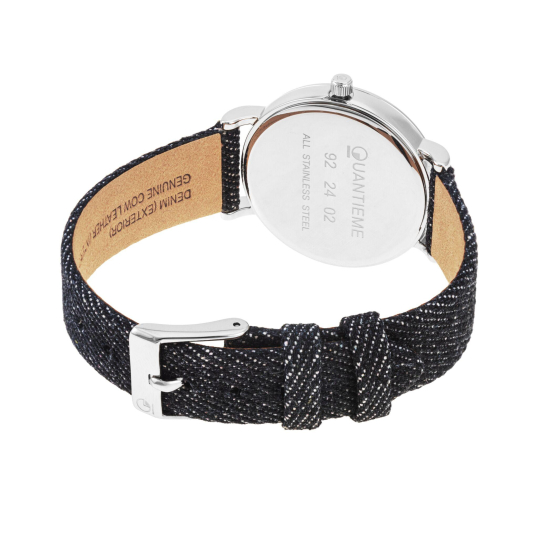 Montre femme, boite en acier, bracelet en cuir et denim foncé, verre minéral