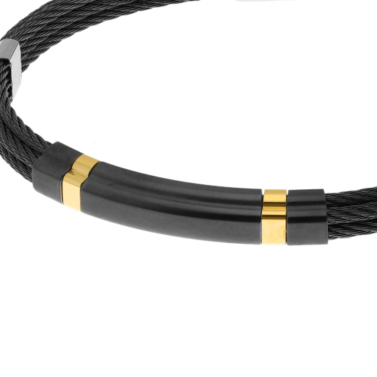 Bracelet jonc en or jaune et cables acier noir