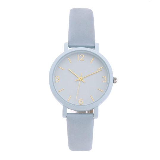 Montre femme, boîte en caoutchouc bleu, bracelet en cuir bleu et verre minéral