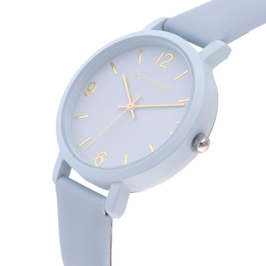 Montre femme, boîte en caoutchouc bleu, bracelet en cuir bleu et verre minéral