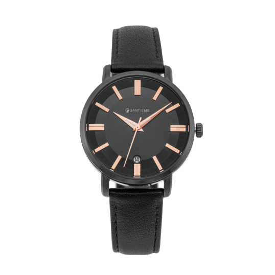 Montre femme, boite en acier noir, bracelet en cuir noir et verre minéral