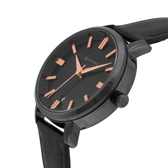 Montre femme, boite en acier noir, bracelet en cuir noir et verre minéral