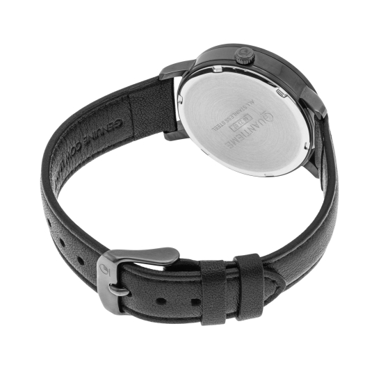 Montre femme, boite en acier noir, bracelet en cuir noir et verre minéral