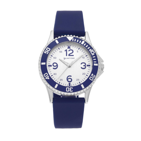 Montre femme, boîte en acier, bracelet en silicone bleu et verre minéral