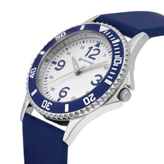 Montre femme, boîte en acier, bracelet en silicone bleu et verre minéral