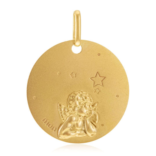 Médaille ronde en or jaune, motif ange