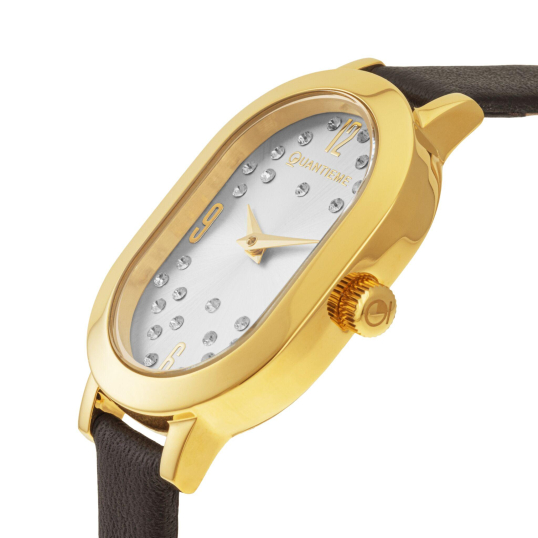 Montre femme, boite en acier doré, bracelet en cuir marron, verre minéral
